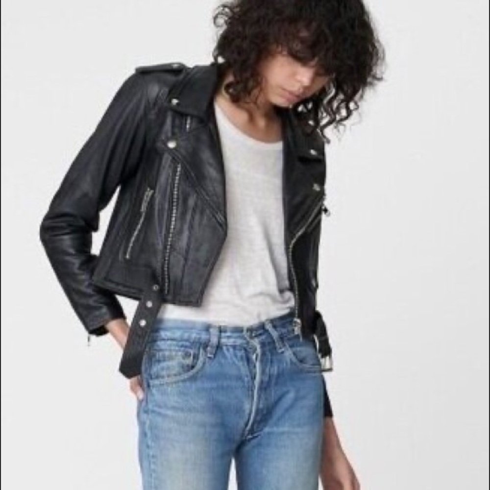 Deadwood cropped biker jacket, black leather, size 36